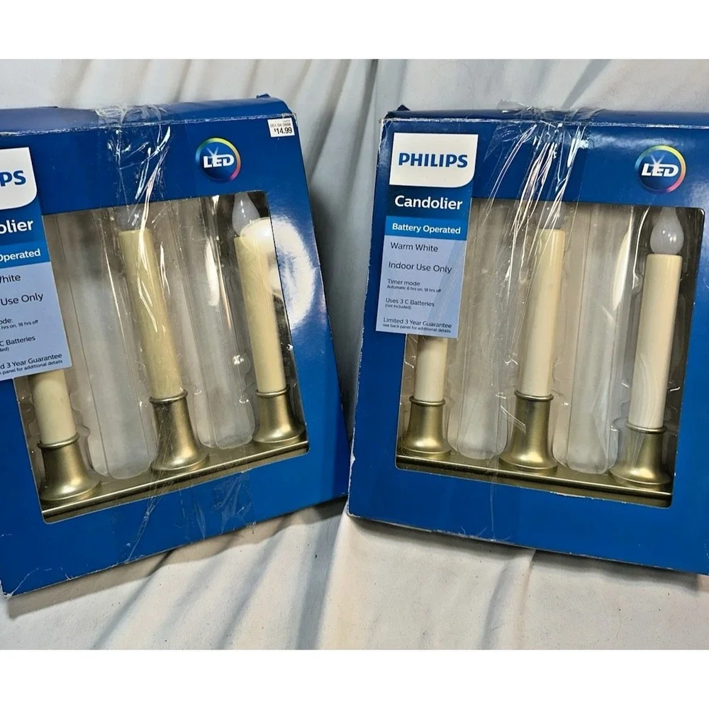 Set of 2 Philips Candolier LED Warm White Gold Tone with 6 hour Timer